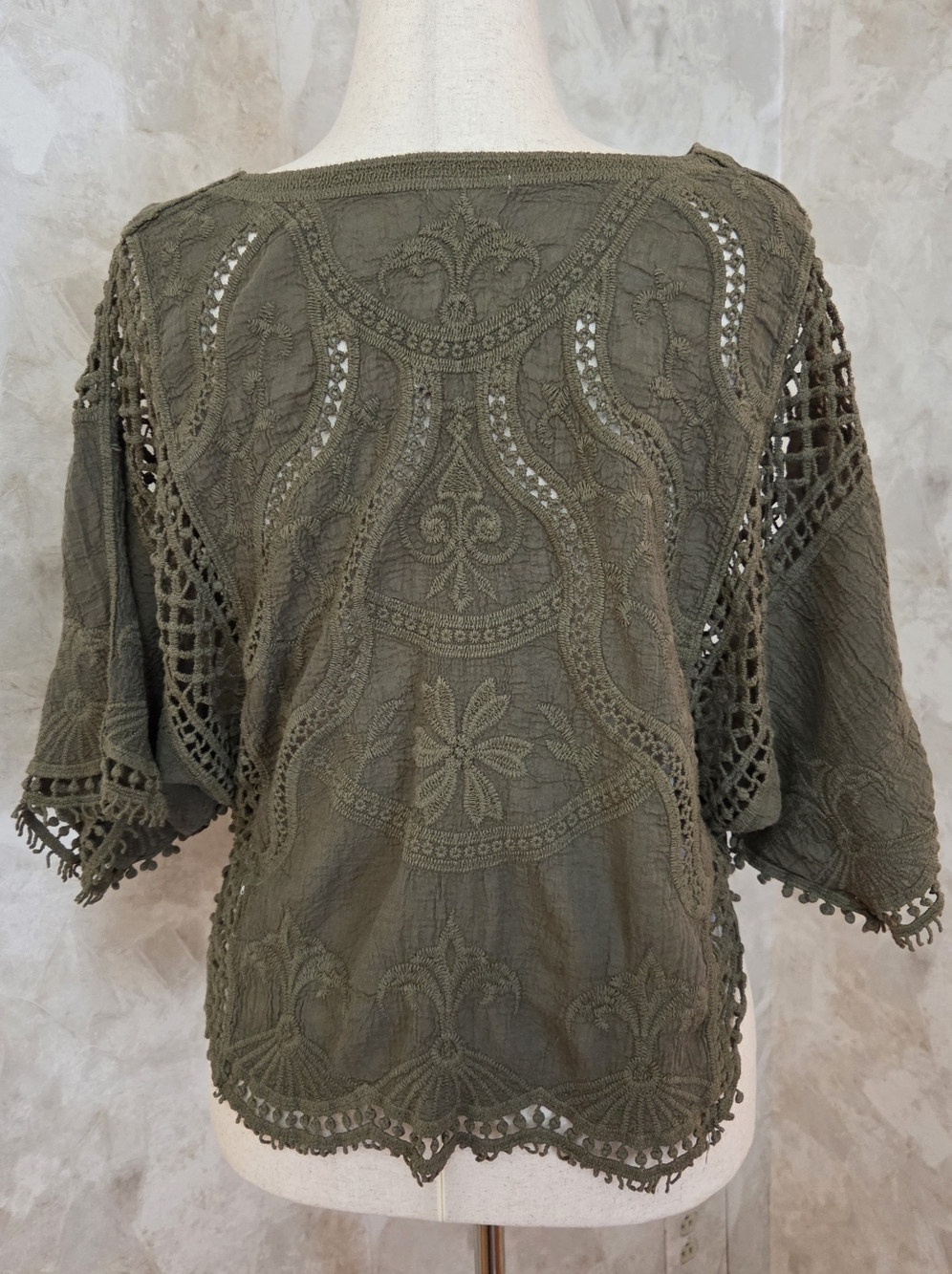 Ultra Pink Olive Green Embroidered Crochet Top | Boho Lace Cutwork Blouse - Picture 3 of 7